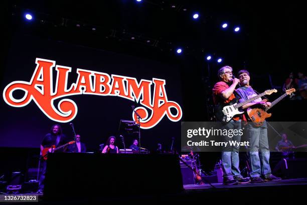 Randy Owen and Teddy Gentry of Alabama perform during the opening night of the Alabama 50th Anniversary Tour at Bridgestone Arena on July 02, 2021 in...