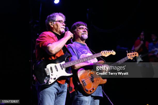 Randy Owen and Teddy Gentry of Alabama perform during the opening night of the Alabama 50th Anniversary Tour at Bridgestone Arena on July 02, 2021 in...