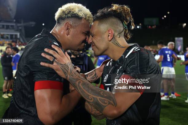 Isaia Walker-Leawere and Sean Wanui of the Maori All Blacks hongi following the Test match between the Maori All Blacks and Manu Samoa at Mt Smart...