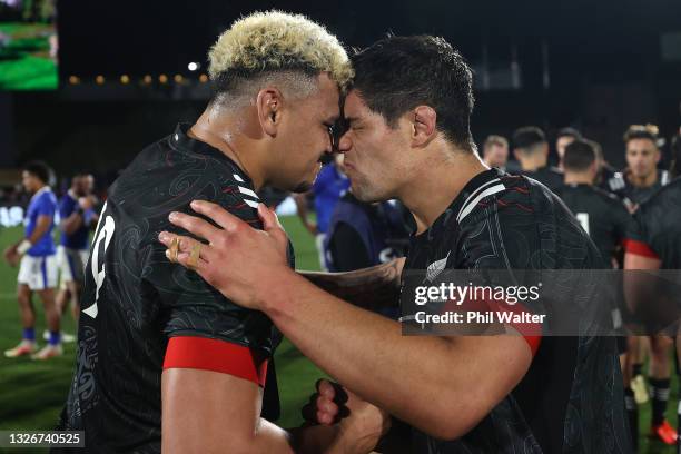 Isaia Walker-Leawere and Billy Harmon of the Maori All Blacks hongi following the Test match between the Maori All Blacks and Manu Samoa at Mt Smart...