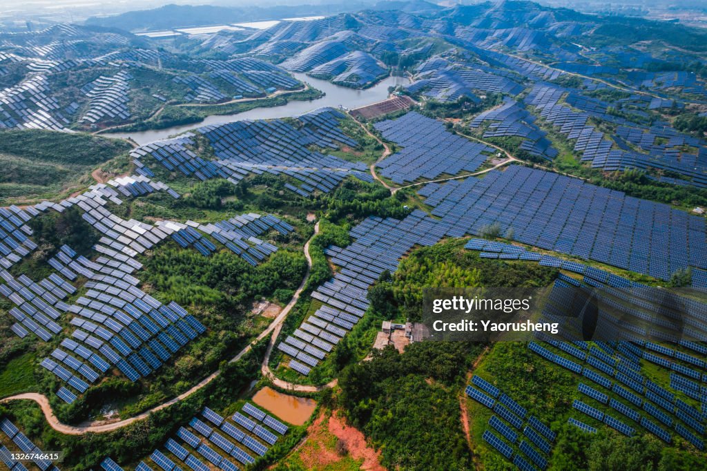 Aerial view of big scale of solar power plant on the mountain area