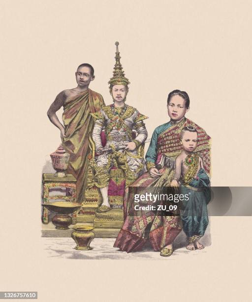 19. jahrhundert, asian kostüme, thailand, handkolorierte holzgravur, veröffentlicht um 1880 - king royal person stock-grafiken, -clipart, -cartoons und -symbole