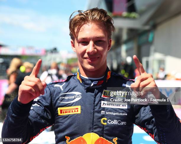 Race winner Dennis Hauger of Norway and Prema Racing celebrates in parc ferme during race 1 of Round 3:Spielberg of the Formula 3 Championship at Red...