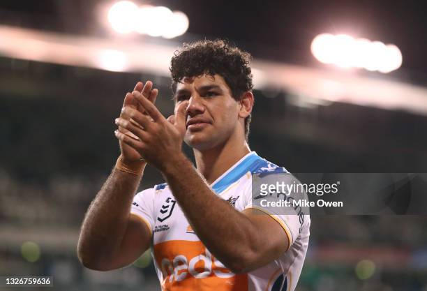 Brian Kelly of the Titans celebrates after winning the round 16 NRL match between the Canberra Raiders and the Gold Coast Titans at GIO Stadium, on...
