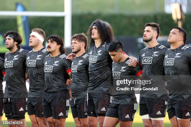 The Maori All Blacks line up for the national anthem during the Test match between the Maori All Blacks and Manu Samoa at Mt Smart Stadium on July...