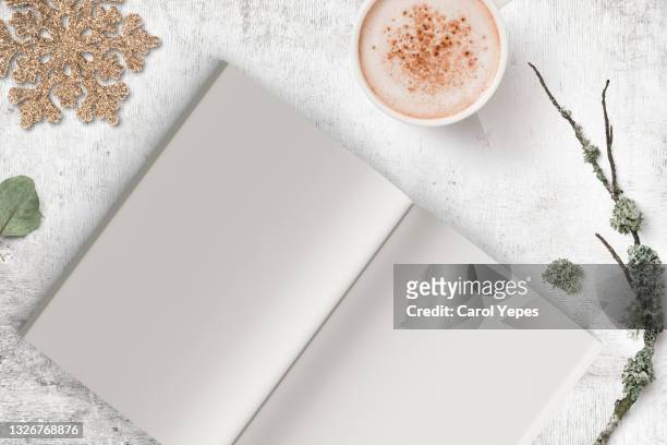 blank magazine page. workspace with magazine mock up with coffee and flowers - books and book open nobody imagens e fotografias de stock