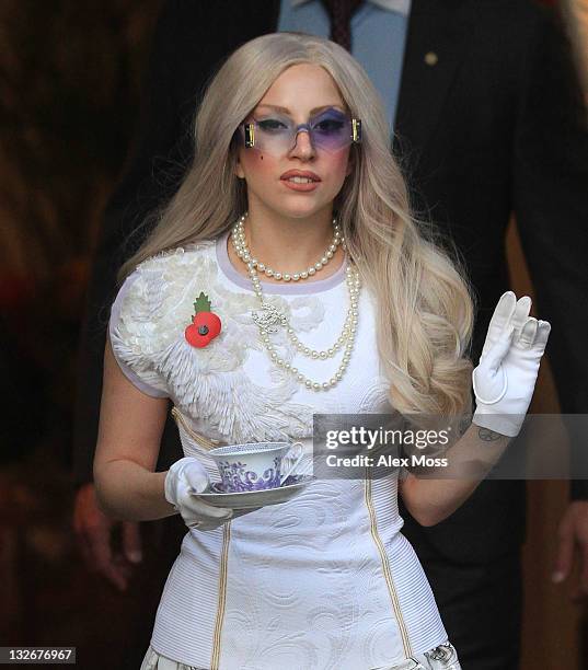 Lady GaGa Seen leaving her hotel holding a tea cup en route to the X Factor Studios on November 13, 2011 in London, England.