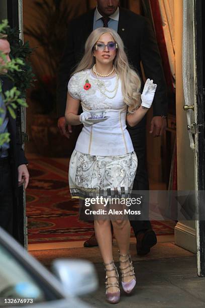 Lady GaGa Seen leaving her hotel holding a tea cup en route to the X Factor Studios on November 13, 2011 in London, England.