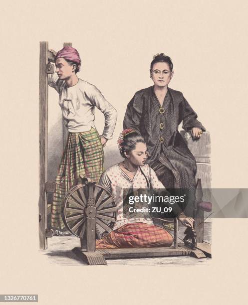 ilustraciones, imágenes clip art, dibujos animados e iconos de stock de siglo 19, trajes de asiian, myanmar, grabado en madera coloreado a mano, publicado c.1880 - color wheel watercolor