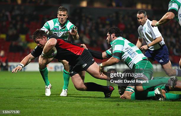 John Smit on his Saracens debut dives over to score the fourth Saracens try during the Heineken Cup match between Saracens and Benetton Treviso at...