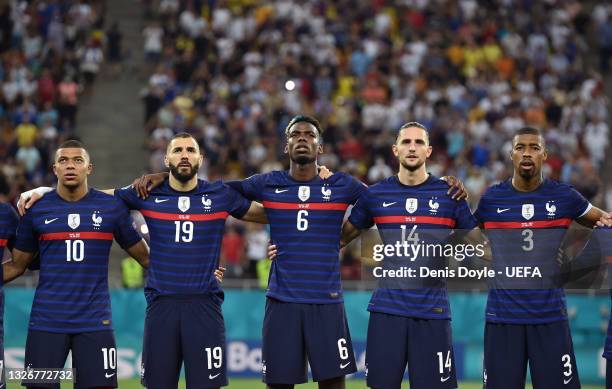 Kylian Mbappe, Karim Benzema, Paul Pogba, Adrien Rabiot and Presnel Kimpembe stand for the national anthem prior to the ∫UEFA Euro 2020 Championship...