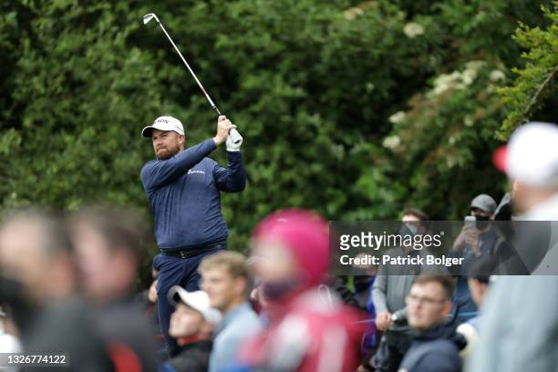 Shane Lowry from Ireland plays his tee shot on the third hole during Day Three of The Dubai Duty Free Irish Open at Mount Juliet Golf Club on July...
