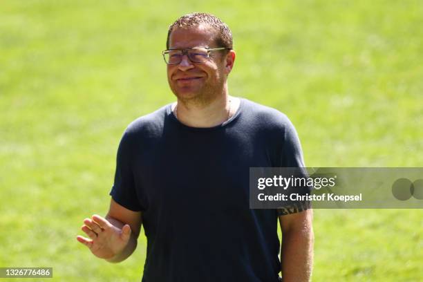 Max Eberl, manager watches the training session at Borussia-Park on July 03, 2021 in Moenchengladbach, Germany.