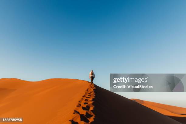 man traveler enjoying the scenic sunrise from top of the dune at sossuvlei, namibia - sand dune stock pictures, royalty-free photos & images