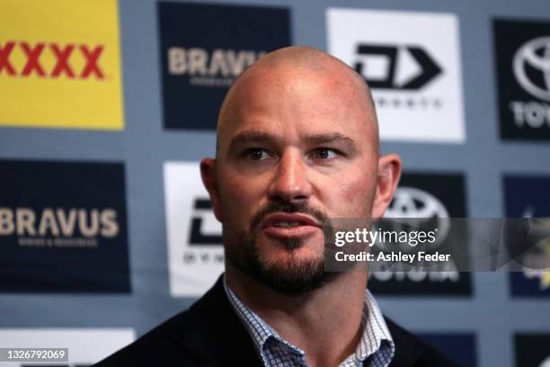 Dean Young Interim coach of the Cowboys at the press conference during the round 16 NRL match between the Newcastle Knights and the North Queensland...