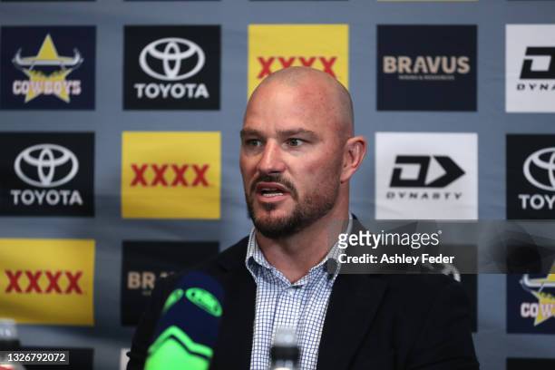 Dean Young Interim coach of the Cowboys at the press conference during the round 16 NRL match between the Newcastle Knights and the North Queensland...