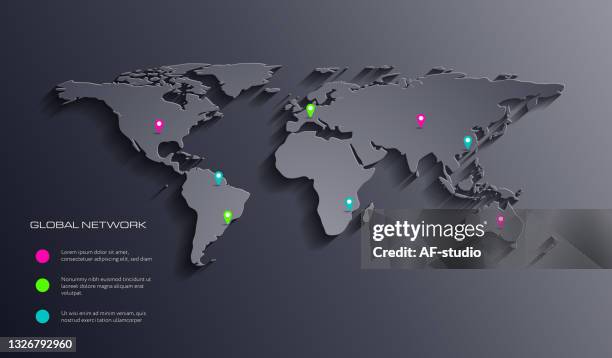 ilustrações de stock, clip art, desenhos animados e ícones de world map with map pin icons. infographic. - world map
