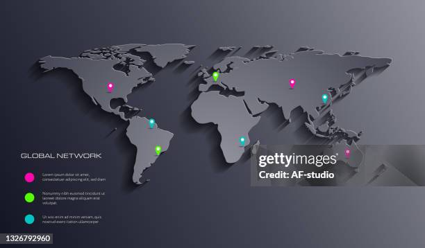 bildbanksillustrationer, clip art samt tecknat material och ikoner med world map with map pin icons. infographic. - platt