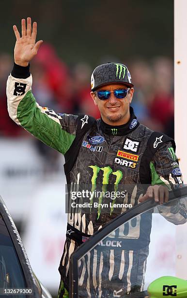 Ken Block of the USA waves to the crowds after finishing 9th in the FIA World Rally Championship Great Britain at Cardiff Castle on November 13, 2011...