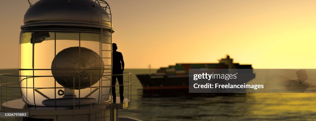Close up of a lighthouse keeper watching a large container ship at sea during sunrise 3D Rendering