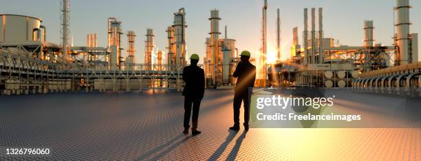 stockillustraties, clipart, cartoons en iconen met technicians supervisor looking out onto an oil refinery at sunset with pipes and steel 3d rendering - fossiele brandstoffen