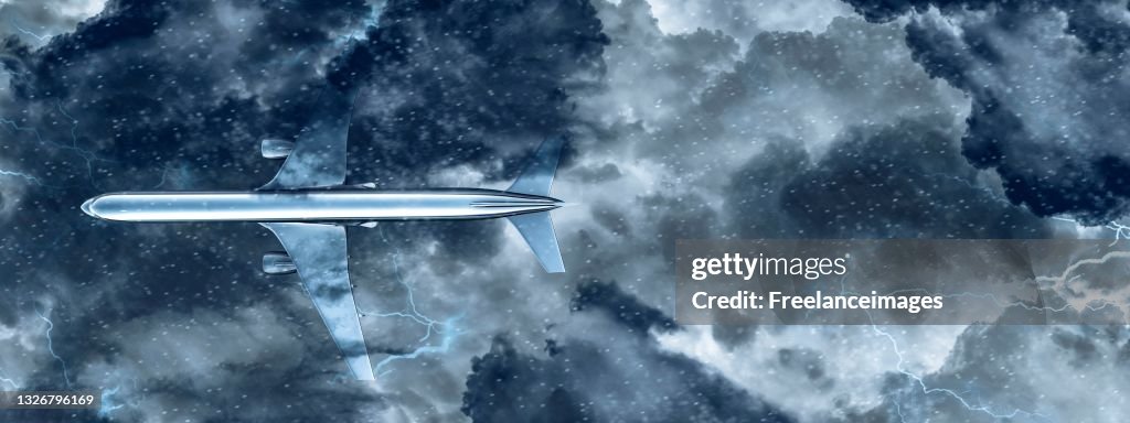 Large commercial airline jet caught in a dangerous thunderstorm 3D Rendering