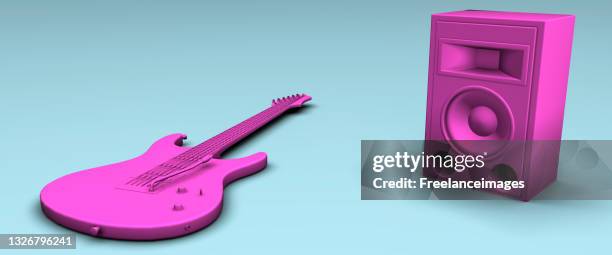 pink electric guitar and speaker amplifier concept on a blue background 3d rendering - amplifier abstract stock illustrations