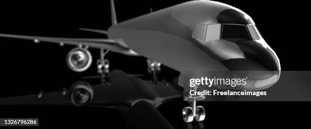 executive silver jet on a reflective black background 3d rendering - airplane wing view stock illustrations