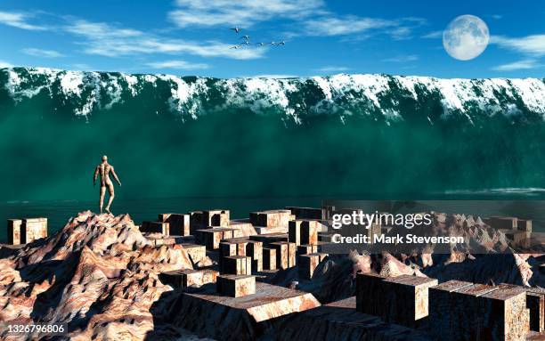 tidal wave hitting coastal city - storm surge stock illustrations