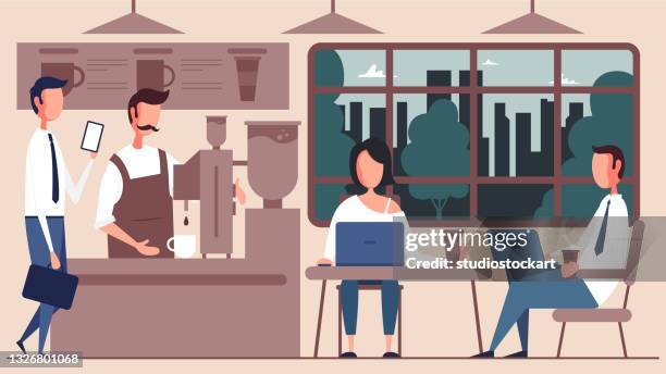 people working in cafe - cafe interior stock illustrations