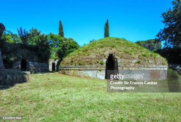 etruscan funerary monument in a village near rome in lazio, italy - evergreen cemetery stock pictures, royalty-free photos & images