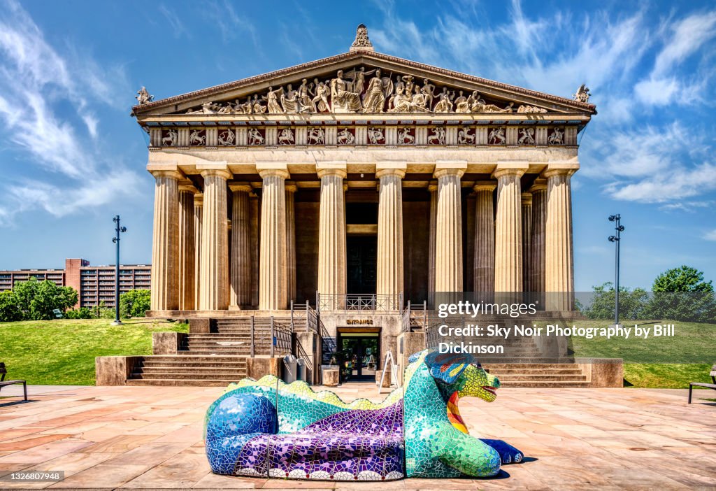 Lizzie the Dragon outside The Parthenon