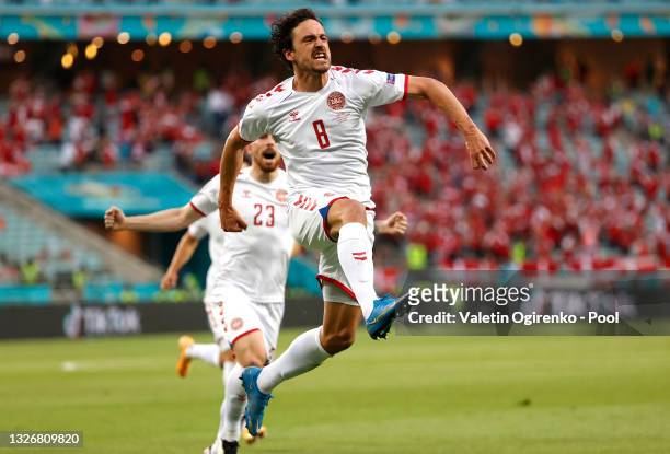 Thomas Delaney of Denmark celebrates after scoring their side's first goal during the UEFA Euro 2020 Championship Quarter-final match between Czech...