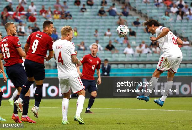 Thomas Delaney of Denmark scores their side's first goal during the UEFA Euro 2020 Championship Quarter-final match between Czech Republic and...