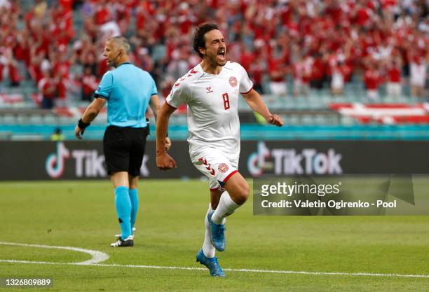 Thomas Delaney of Denmark celebrates after scoring their side's first goal during the UEFA Euro 2020 Championship Quarter-final match between Czech...
