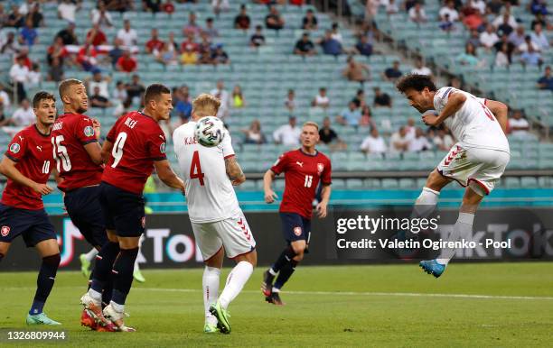 Thomas Delaney of Denmark scores their side's first goal during the UEFA Euro 2020 Championship Quarter-final match between Czech Republic and...