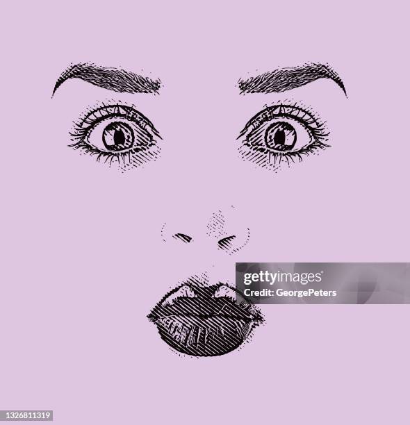 high key engraving of a woman's face with surprised expression - eyebrows stock illustrations