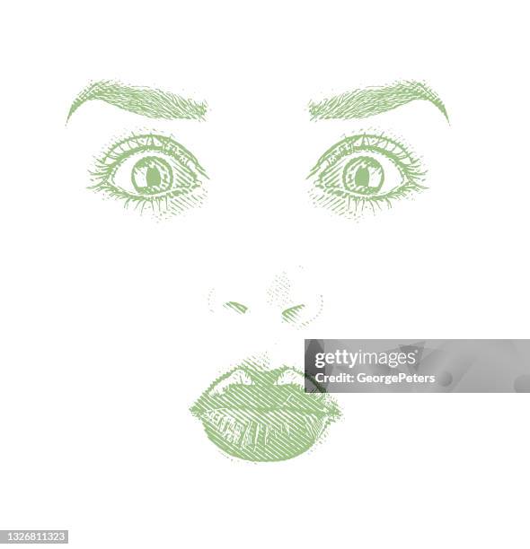 high key engraving of a woman's face with surprised expression - head forward white background stock illustrations