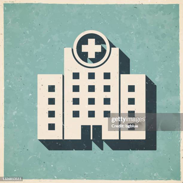 ilustraciones, imágenes clip art, dibujos animados e iconos de stock de edificio del hospital. icono en estilo retro vintage - papel de textura antigua - urgencias-hospital