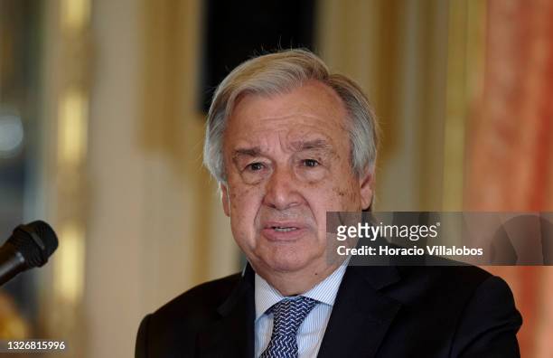 The Secretary-General of the United Nations Antonio Guterres delivers closing remarks while taking part with Portuguese Minister of State and Foreign...