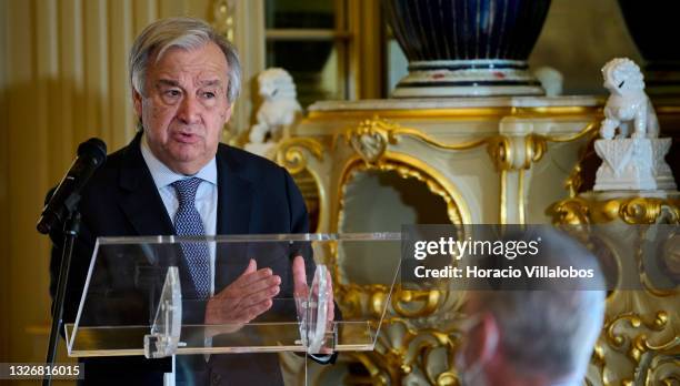 The Secretary-General of the United Nations Antonio Guterres delivers closing remarks while taking part with Portuguese Minister of State and Foreign...