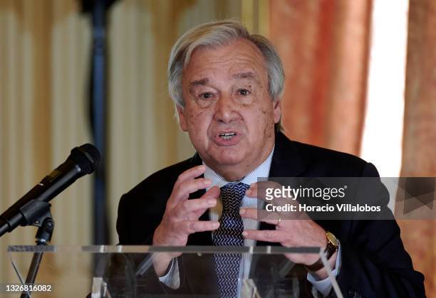 The Secretary-General of the United Nations Antonio Guterres delivers closing remarks while taking part with Portuguese Minister of State and Foreign...