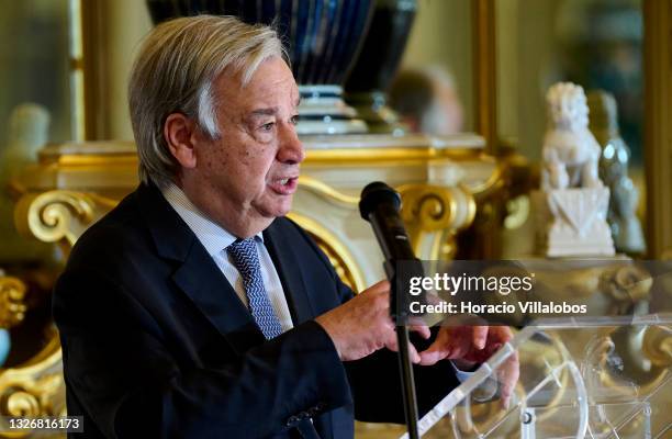 The Secretary-General of the United Nations Antonio Guterres delivers closing remarks while taking part with Portuguese Minister of State and Foreign...