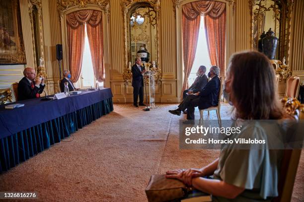 The Secretary-General of the United Nations Antonio Guterres delivers closing remarks while taking part with Portuguese Minister of State and Foreign...