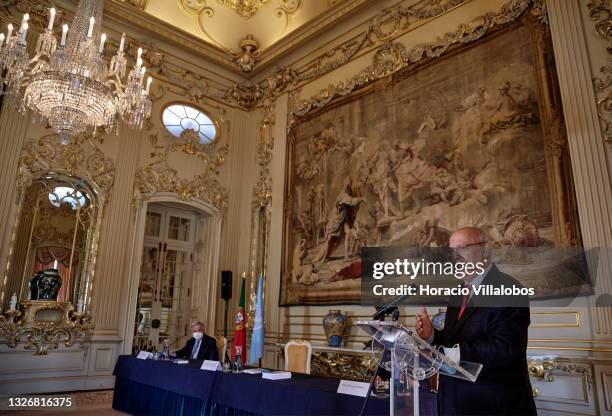 Portuguese Minister of State and Foreign Affairs Augusto Santos Silva delivers remarks while taking part with the Secretary-General of the United...