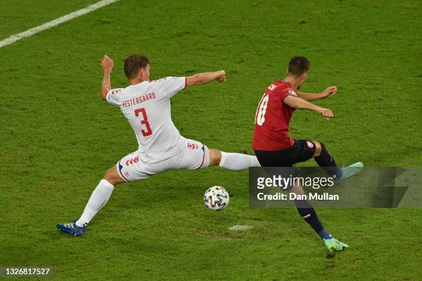 Patrik Schick of Czech Republic scores their side's first goal during the UEFA Euro 2020 Championship Quarter-final match between Czech Republic and...