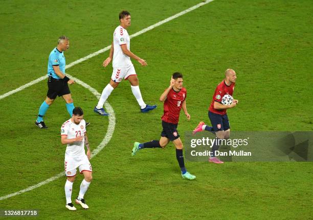 Patrik Schick of Czech Republic celebrates after scoring their side's first goal during the UEFA Euro 2020 Championship Quarter-final match between...