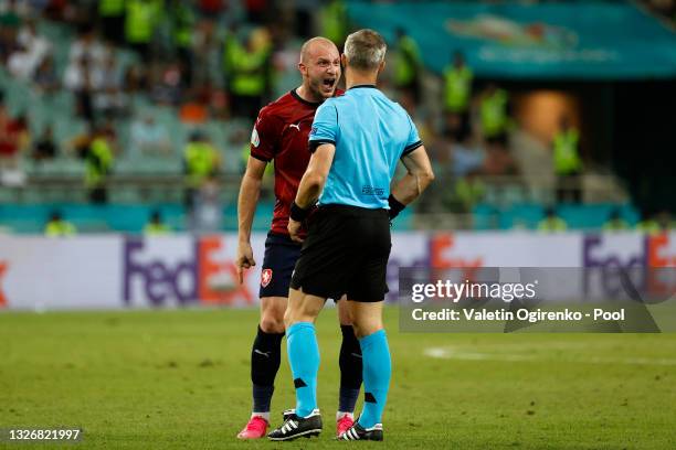 Michael Krmencik of Czech Republic protests to Match Referee, Bjorn Kuipers during the UEFA Euro 2020 Championship Quarter-final match between Czech...
