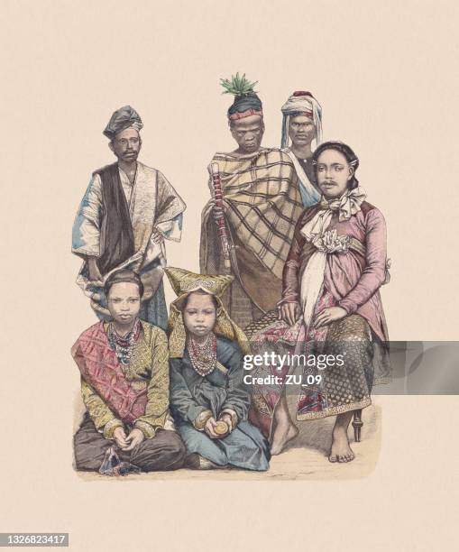 19th century, indonesian costumes, hand-colored wood engraving, published c.1880 - minangkabau stock illustrations