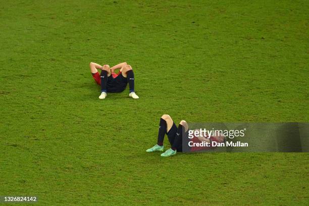 Jan Boril and Matej Vydra of Czech Republic look dejected after the UEFA Euro 2020 Championship Quarter-final match between Czech Republic and...